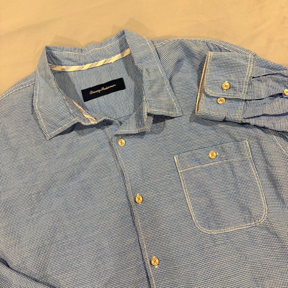 Tommy Bahama Mens XL Blue Micro Check Linen Tencel Blend Button Down Shirt